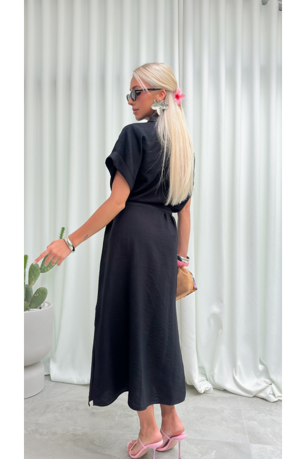 Sukienka Koszulowa Maxi Premium Wiązana w Pasie Elegancka Oversize Guziki Kieszenie - czarny